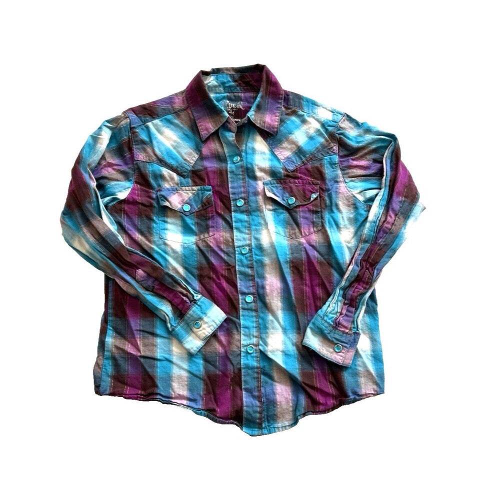 Rock 47 by Wrangler Girls M Plaid Shirt Teal Purple Embellished Western Snap